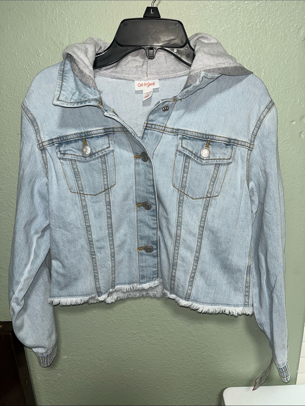 Girls Cat & Jack Light Blue Denim Jacket with Gray Hooded Liner 10-12
